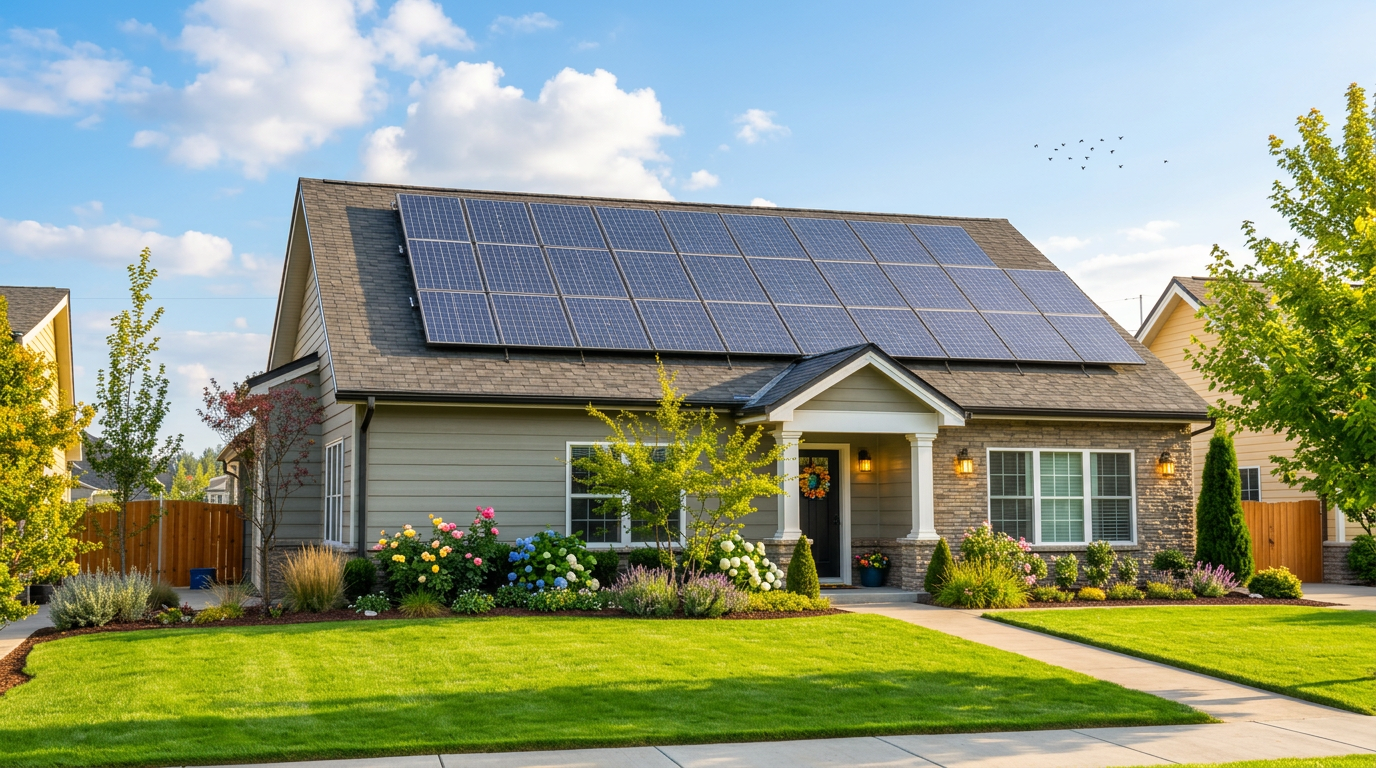 Suburban home with rooftop solar panels